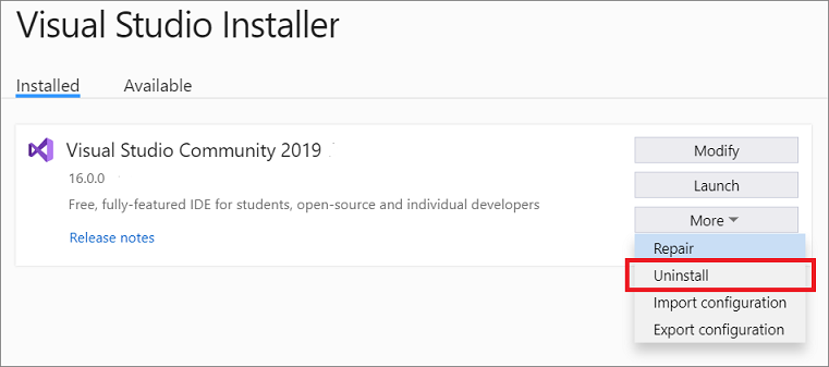 [その他] メニューから [アンインストール] が選択されている Visual Studio 2019 のインストール済みバージョンを示すスクリーンショット。