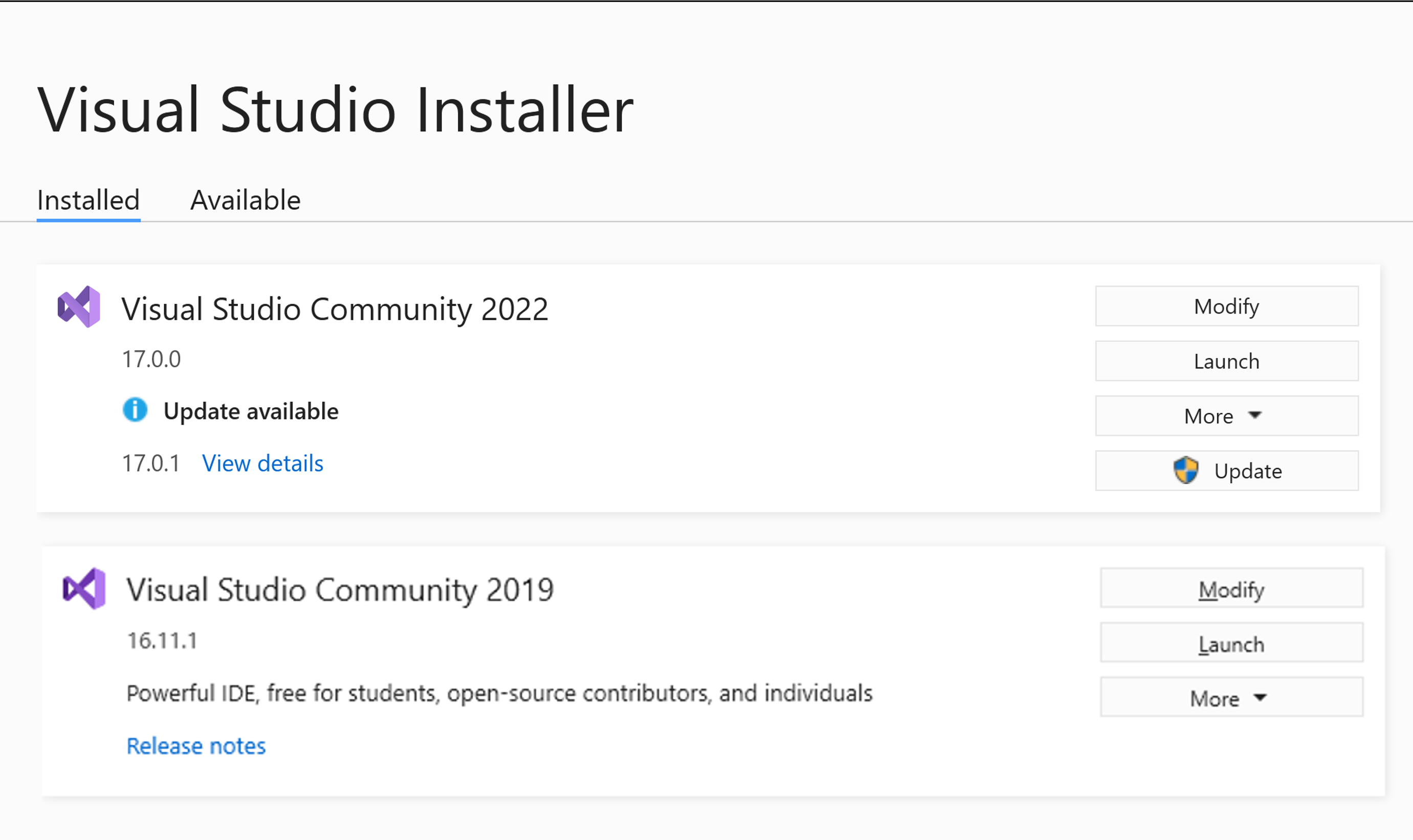 Visual Studio インストーラーの Visual Studio インストールの一覧を示すスクリーンショット。