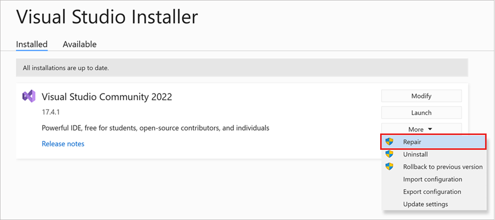 Visual Studio インストーラーの [その他] ドロップダウン メニューの [修復] オプションを示すスクリーンショット。