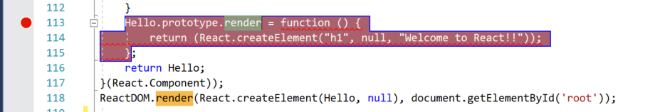 Visual Studio コード ウィンドウのスクリーンショット。return ステートメントが選択され、左側の余白の赤い点は、ブレークポイントが設定されていることを示します。