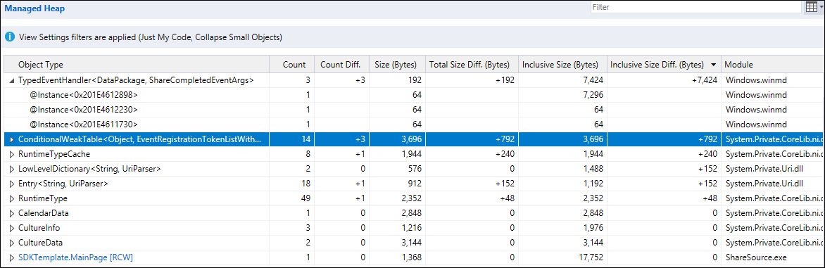 Managed Heap tree for a type in difference report