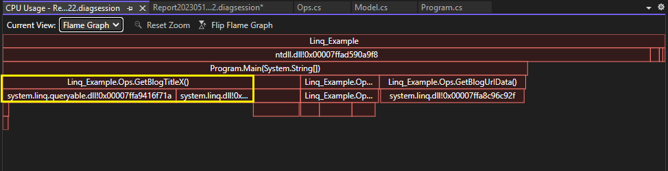 CPU 使用率ツールのフレーム グラフ ビューでの、改善した CPU 使用率のスクリーンショット。