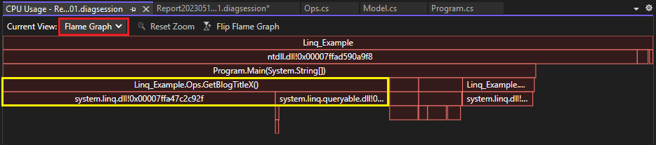 CPU 使用率ツールでのフレーム グラフ ビューのスクリーンショット。