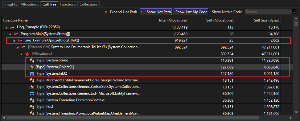 .NET オブジェクト割り当てツールでの呼び出しツリー ビューのスクリーンショット。