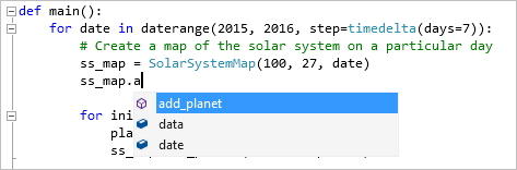 Visual Studio で Python コードに対してコード補完が表示された状態を示すスクリーンショット。