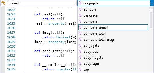 Visual Studio エディターのナビゲーション バーを示すスクリーンショット。