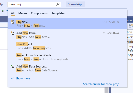 Visual Studio Search と結果