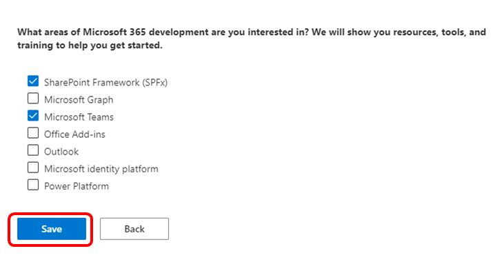 Microsoft 365 の開発者向けの領域の選択