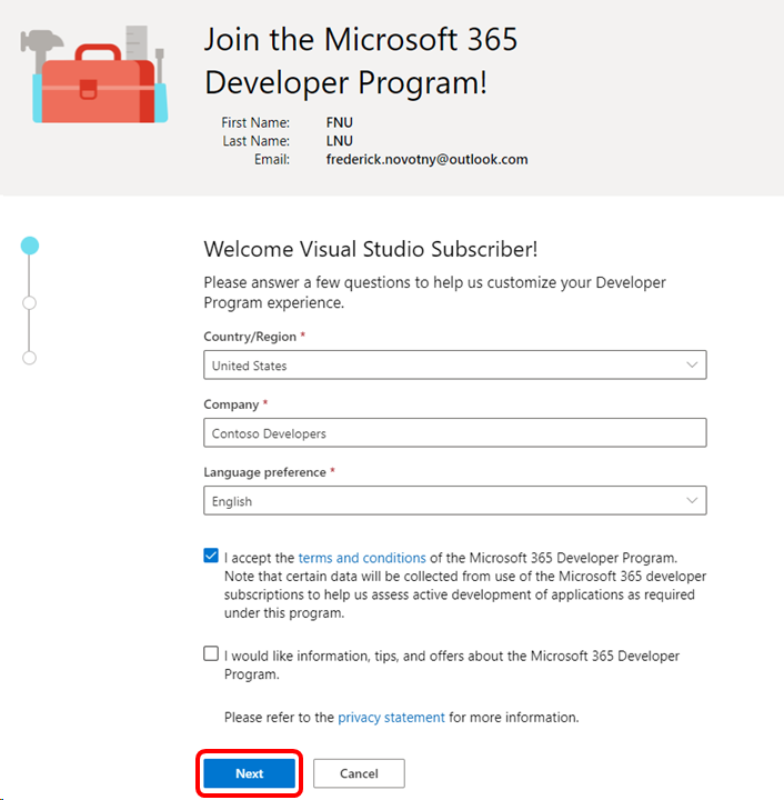 Microsoft 365 開発者向けのようこそ画面