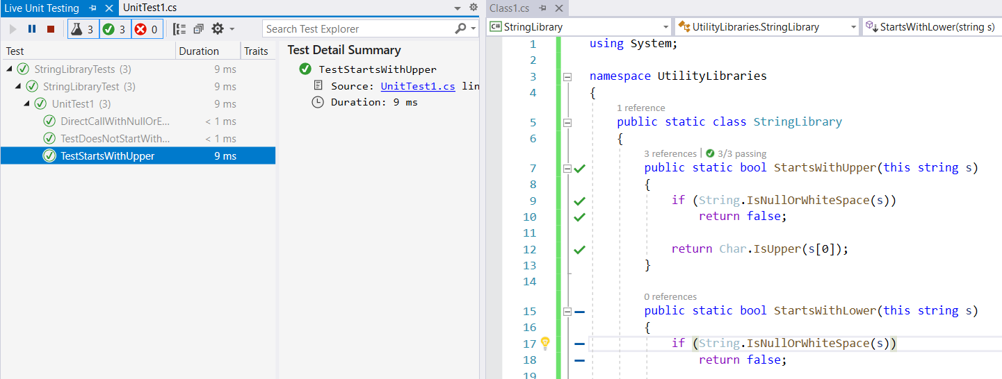 Live Unit Testing の開始後の Live Test Explorer とコード エディター ウィンドウ