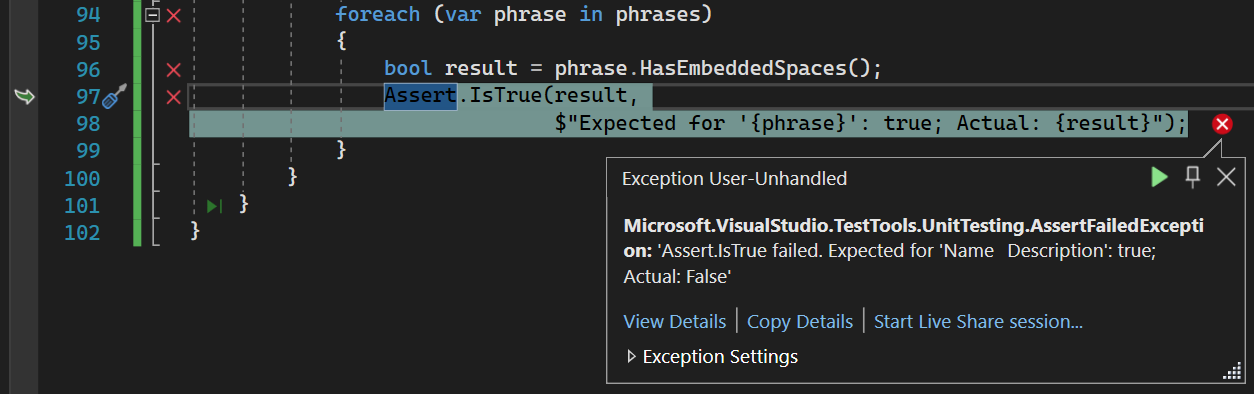 Live Unit Testing の例外ダイアログ