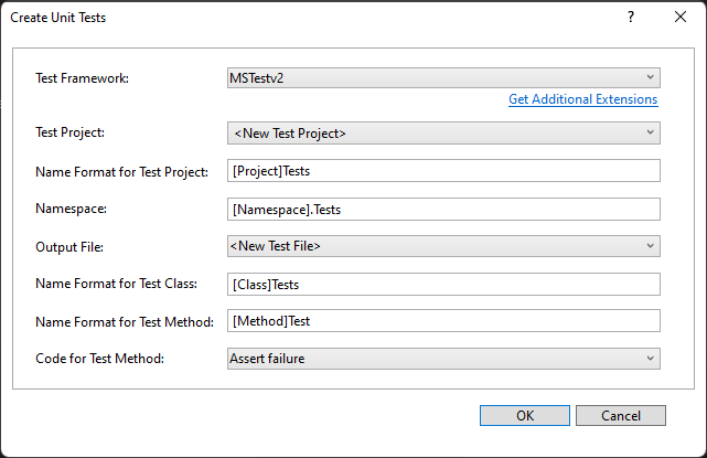 Visual Studio の [単体テストの作成] ダイアログ ボックス