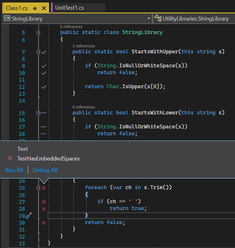 Visual Studio のコード カバレッジを示すスクリーンショット。