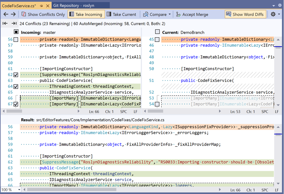 Visual Studio のマージ エディター 