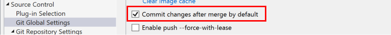 既定でマージ後に変更をコミットするための [オプション] ダイアログ ボックスのチェックボックスを示すスクリーンショット。