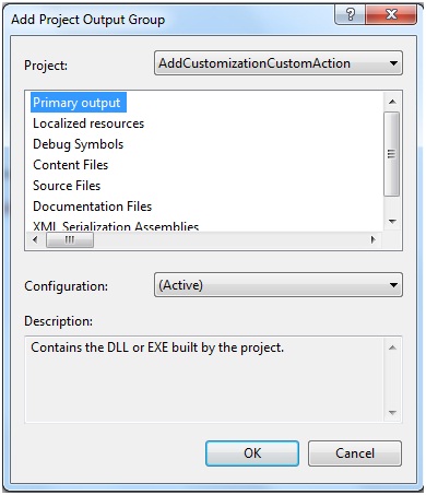 ドキュメント マニフェストのカスタム アクション - [プロジェクト出力グループの追加] ウィンドウのスクリーンショット