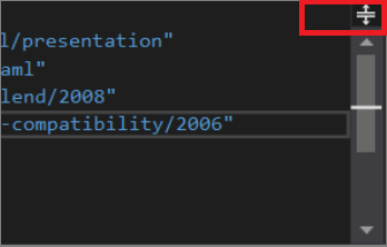 Visual Studio 2019 の XAML コード エディターの中央ウィンドウのスクリーンショット。ウィンドウの右上で [分割] ボタンが強調されています。