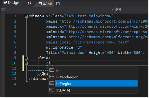 IntelliSense に #region オプションが表示されている XAML コード エディター