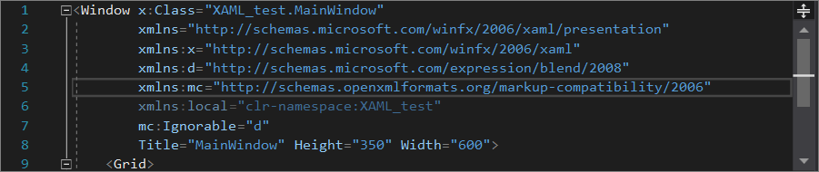 Visual Studio の XAML コード エディター (中央ペインのみ)