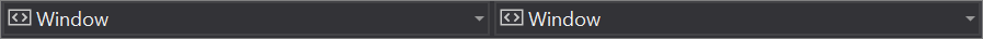 両方の [Window] (ウィンドウ) ドロップダウン リストが表示されている、Visual Studio の XAML コード エディター ウィンドウの先頭の 2 行のうち 2 番目の行