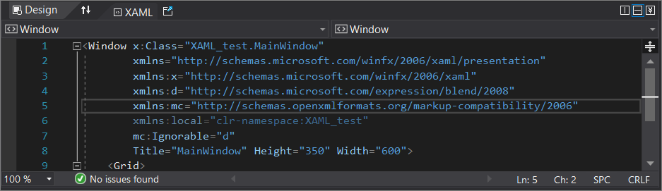 Visual Studio の XAML コード エディター ウィンドウ