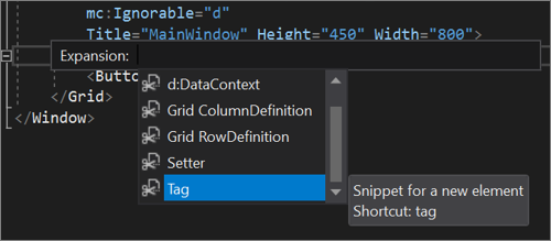 IntelliSense に XAML コード スニペット オプションが表示されている XAML コード エディター