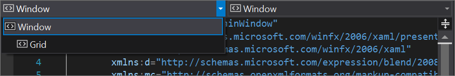 Visual Studio の [Element: Window] (要素: ウィンドウ) ドロップダウン リスト