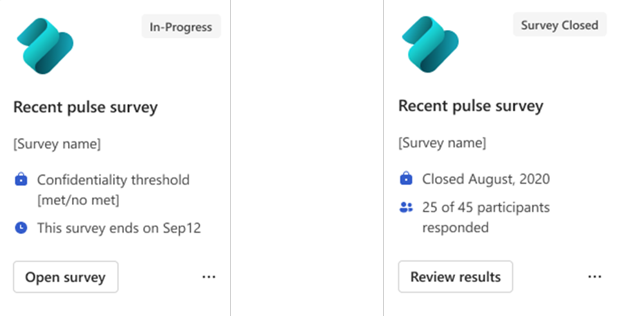 最近のパルス アクション カードの In-Progress 状態とアンケート終了状態を示すスクリーンショット。