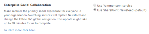 SharePoint 管理センターの [エンタープライズ ソーシャル コラボレーション] オプションのスクリーンショット。