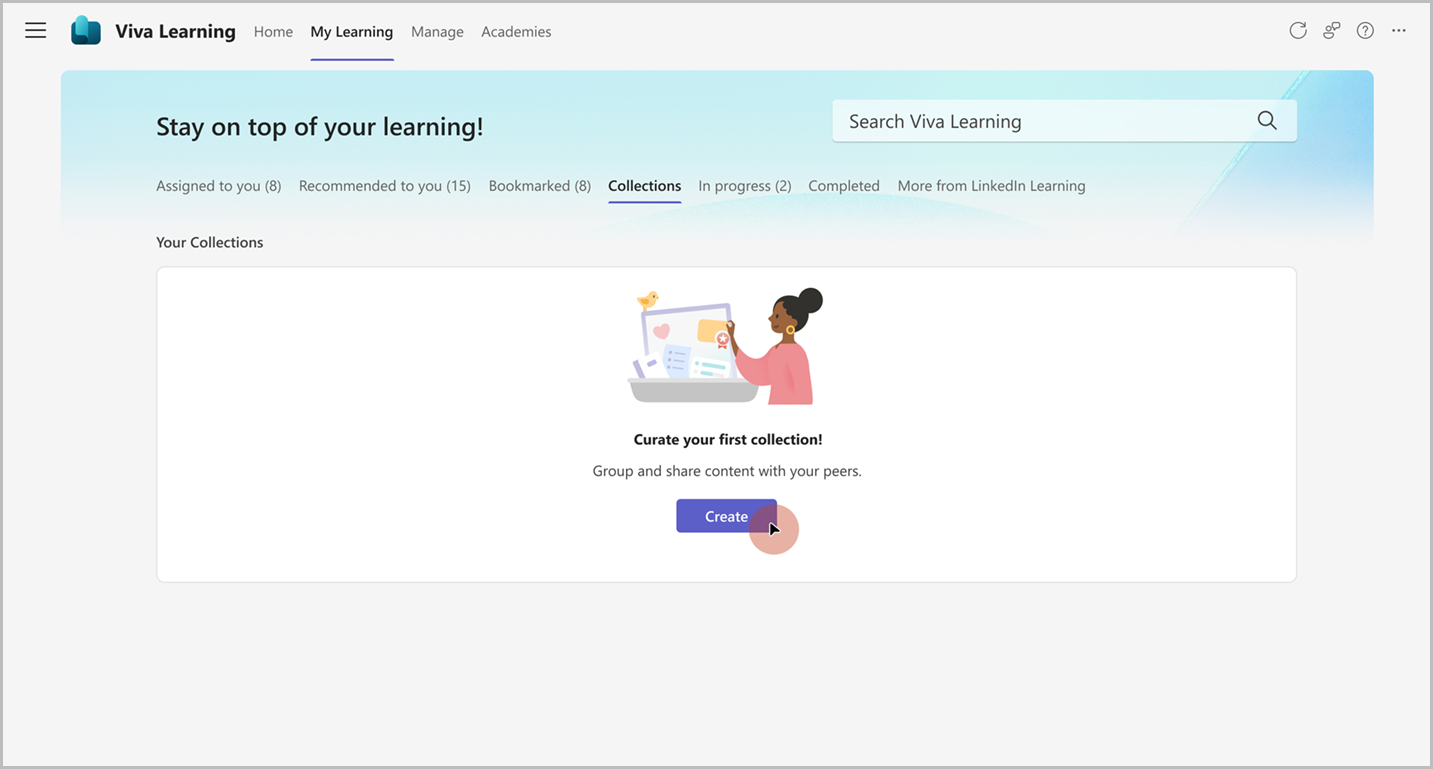 コレクションを作成するオプションが強調表示されたラーニング コレクションのランディング ページの画像。