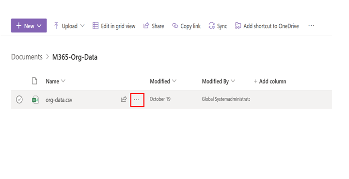 スクリーンショットは、SharePoint ライブラリ内のファイルの横にある省略記号オプションを示しています。 