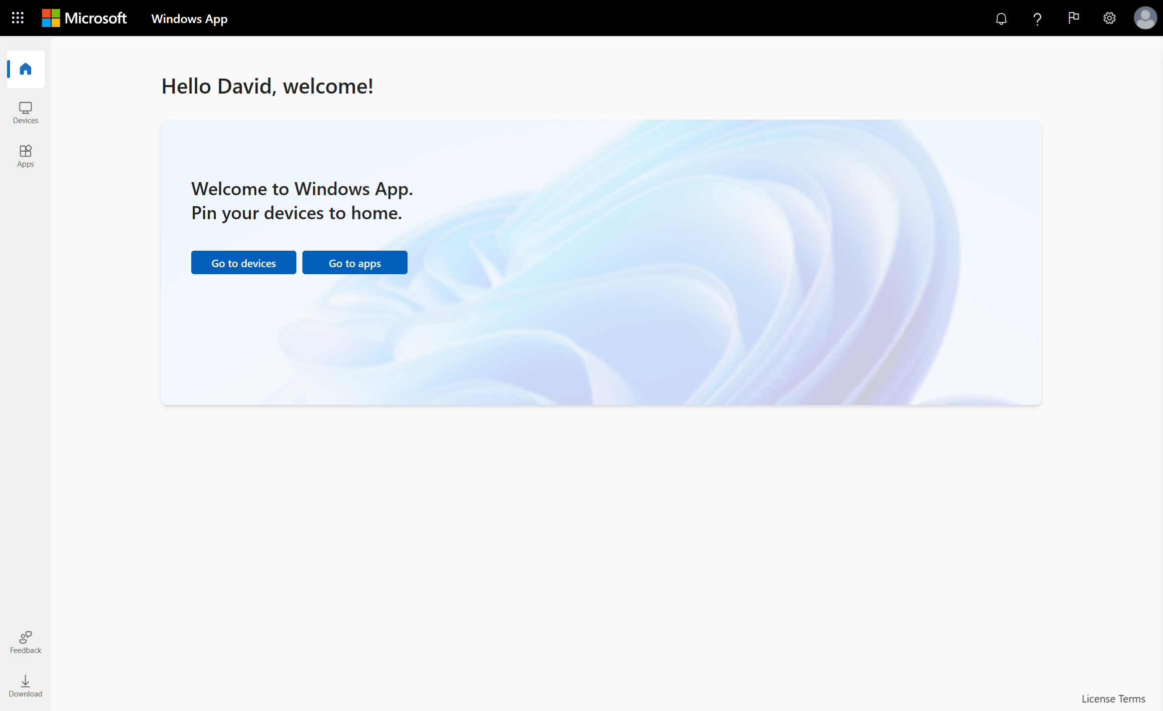 Azure Virtual Desktop を使用した Web ブラウザーの Windows アプリの [ホーム] タブを示すスクリーンショット。