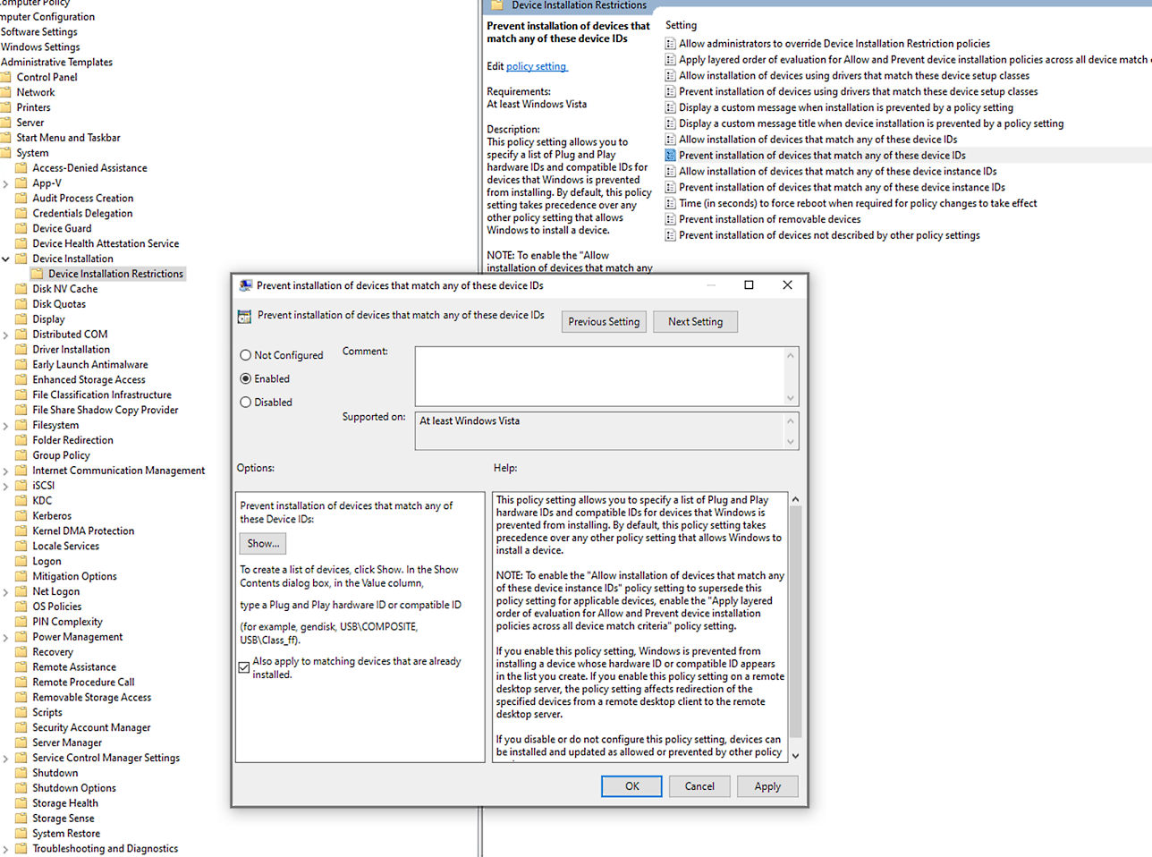 Screenshot showing the group policies dialog.