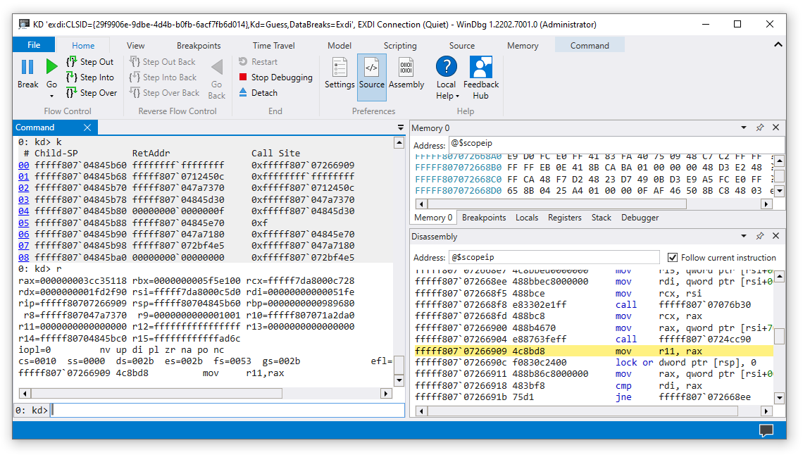 ウィンドウ タイトルに EXDI CLSID が表示されているメインの WinDbg セッション。