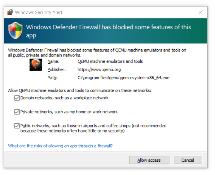 3 つのオプションがすべてチェックされた [Windows Defender ファイアウォール] ダイアログ ボックス。