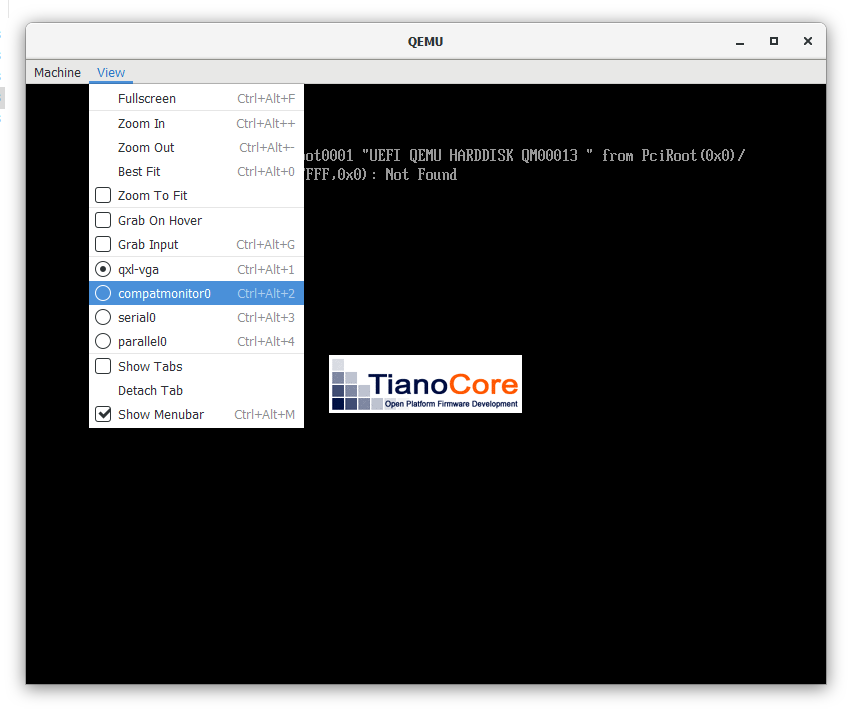 ビュー メニュー オプションが表示されている QEMU のスクリーンショット。