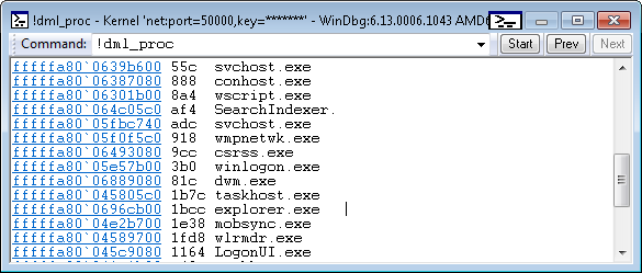 プロセスの一覧が表示されている、!dml_proc 出力のスクリーンショット。