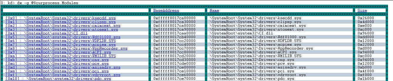 dx -g @$curprocess.modules コマンドからの出力のスクリーンショット。列グリッド出力が表示されています。