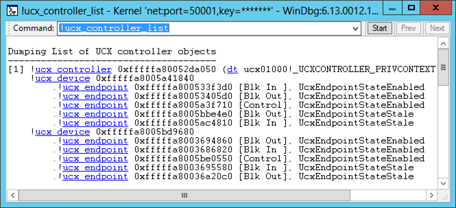 USB 3.0 ホスト コントローラー、接続されているデバイス、エンドポイントが表示されている、!ucx-controller-list コマンド出力のスクリーンショット。