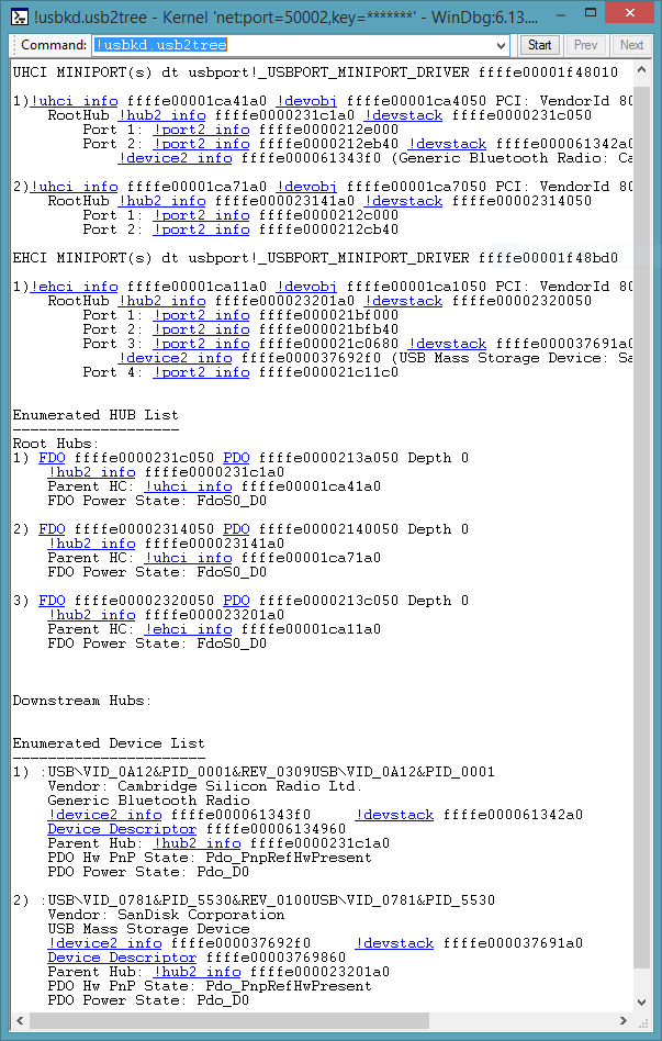 UHCI、EHCI 情報、および列挙されたハブの一覧が表示されている、!usbkd.usb2tree コマンド出力のスクリーンショット。