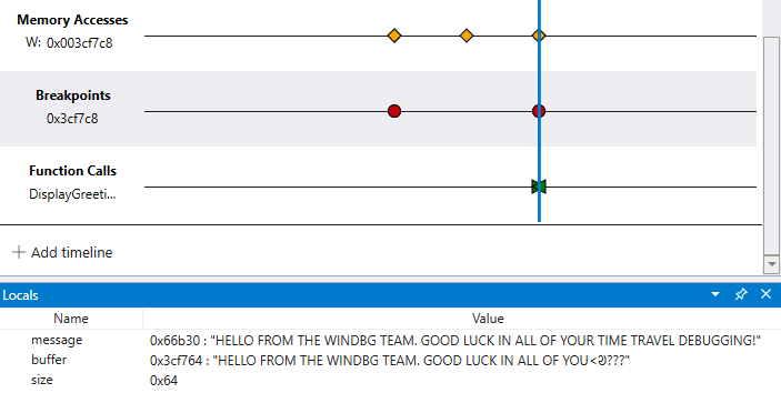 異なる文字列値を含むメッセージとバッファーを持つ、メモリ アクセス タイムラインとローカル ウィンドウを表示するデバッガーのタイムライン。