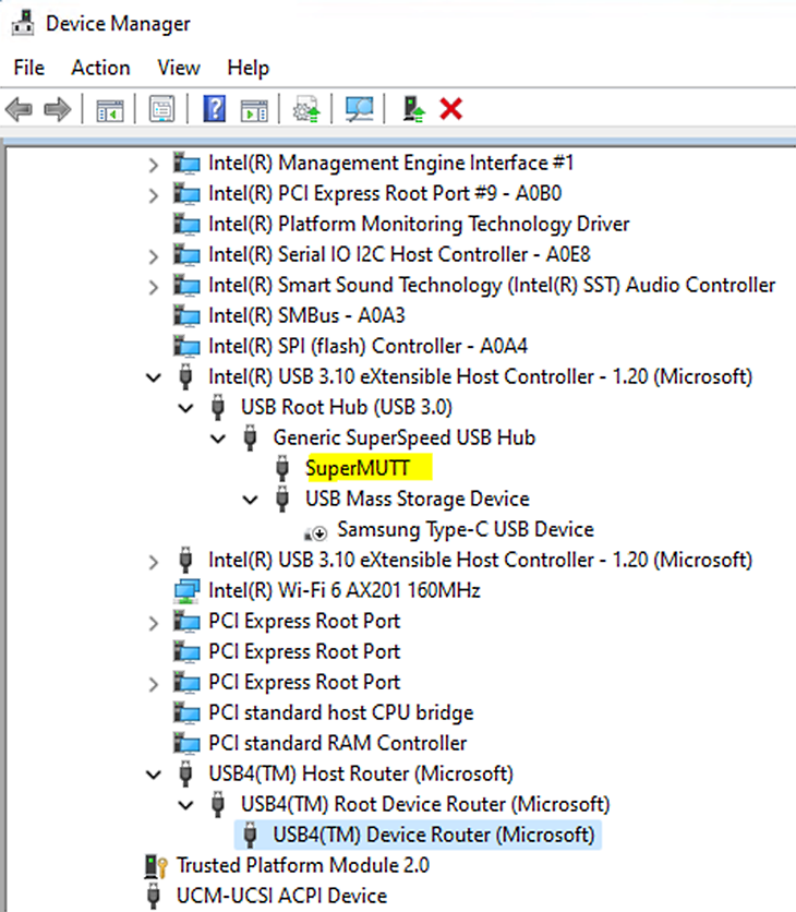 SuperMUTT デバイスが強調表示されている Windows デバイス マネージャーのスクリーンショット。