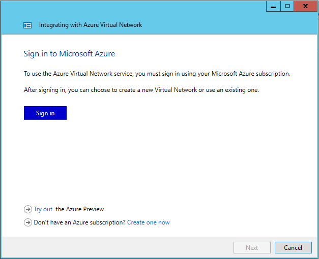 Azure Virtual Network との統合ウィザードの [Microsoft Azure にサインイン] ページを示すスクリーンショット。