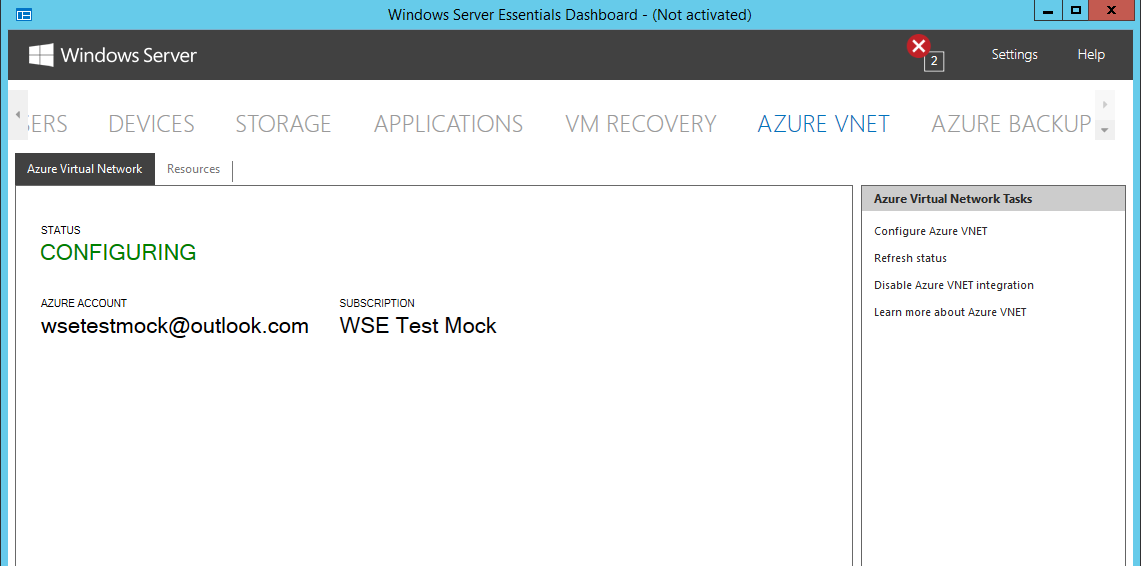 Windows Server Essentials ダッシュボードの Azure VNet ページを示すスクリーンショット。[Azure Virtual Network] タブが選択され、状態が [構成中] と表示されます。