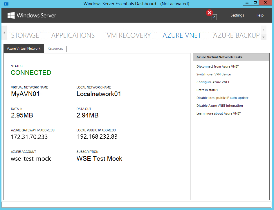 Windows Server Essentials ダッシュボードの Azure VNet ページを示すスクリーンショット。[Azure Virtual Network] タブが選択され、状態が [接続済み] と表示され、この状態情報の下に仮想ネットワークの詳細が表示されます。