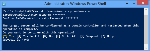 Screenshot of a terminal window that shows Install-ADDSForest reminding you that promotion will reboot the server automatically.