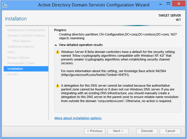 Screenshot that shows the Installation page in the Active Directory Domain Services Configuration Wizard.