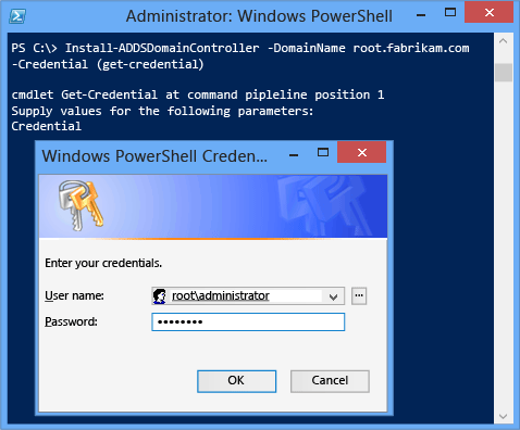 Screenshot of a terminal window that shows the installation phase with the minimum required arguments of -domainname and -credential.