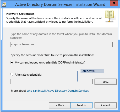 Screenshot of the Network Credentials page of the Azure Directory Domain Services Installation Wizard.