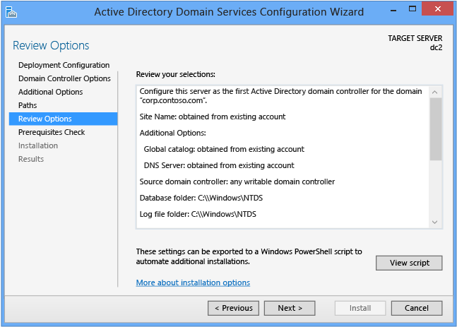 Screenshot of the Review Options page of the Active Directory Domain Services Configuration Wizard.